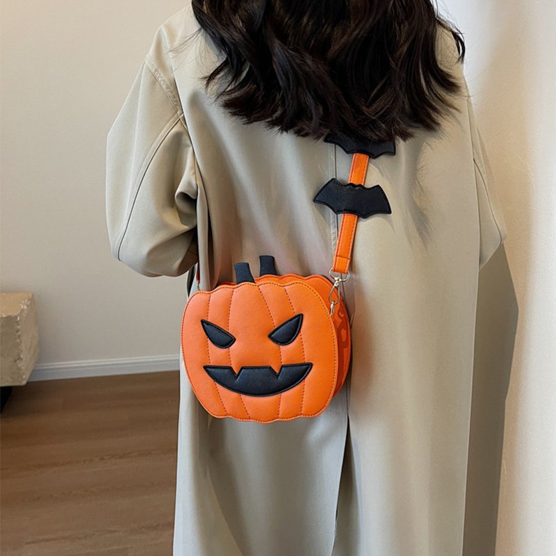 Halloween pumpkin and bat cartoon shoulder crossbody bag in black and orange options