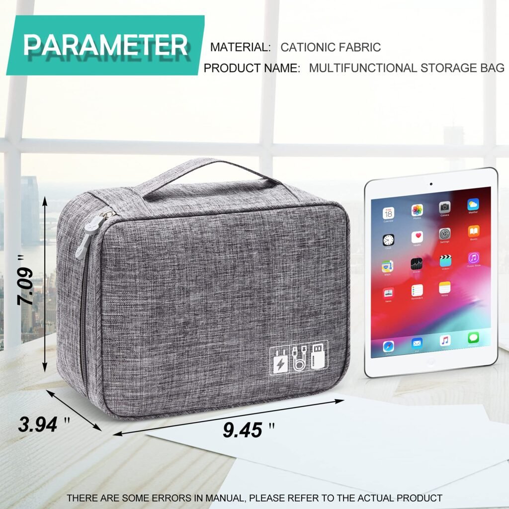 Gray and black travel cable organizer case with mesh pockets, elastic loops, and removable dividers