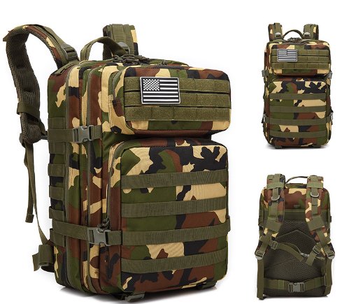 Tactical outdoor mountaineering backpack with multiple compartments and MOLLE webbing